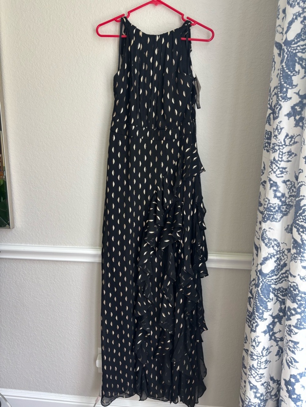 Sleeveless Black Maxi Dress with Gold Dot Print and Ruffle Detail